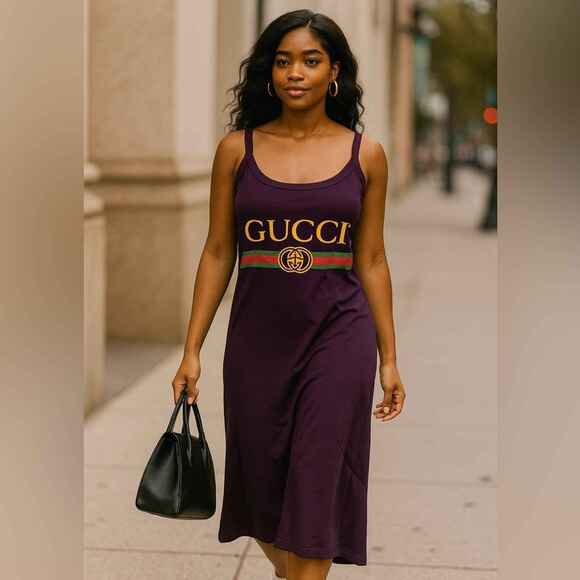 White Designer- Purple T-Shirt Dress with Iconic Stripe Detail - Picture 3 of 4